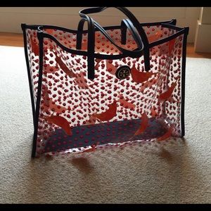 Tory Burch leather trim plastic beach bag